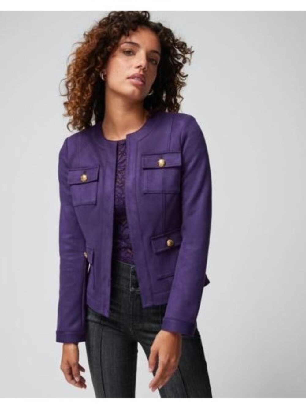 White House Black Market Jacket Size 4 Ultra Suede Stylist Purple Gold Button